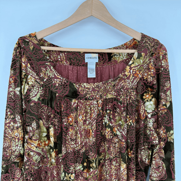Chico's Velvet Burnout Blouse Size 3 or‎ XL Maroon Gold Floral Print - Picture 4 of 8